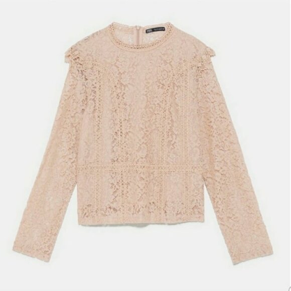 Zara long sleeve nude floral lace cropped top with zippered closure  | worn once - Picture 2 of 12